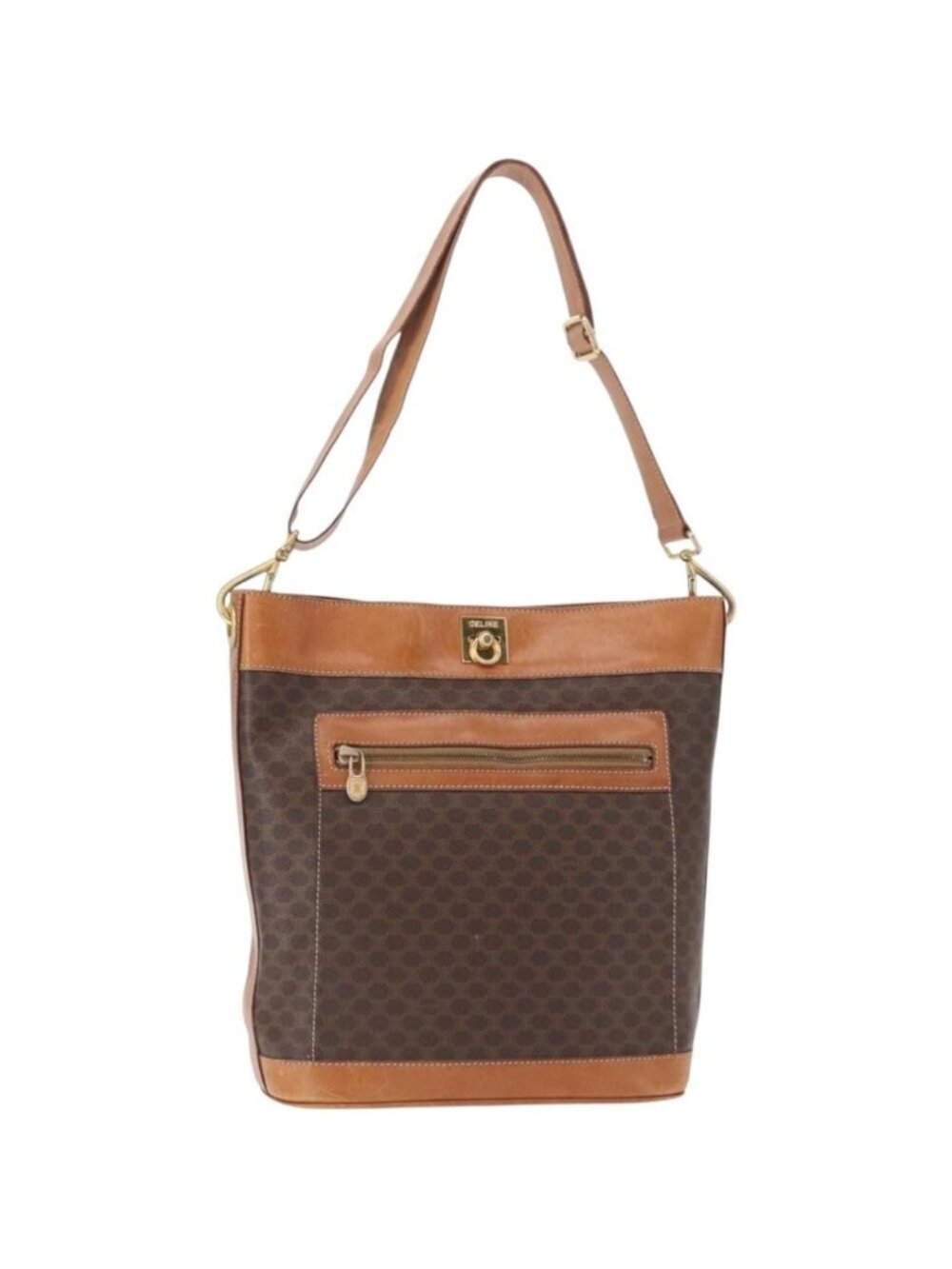 CELINE Macadam Canvas Shoulder Bag PVC Leather Brown Gold